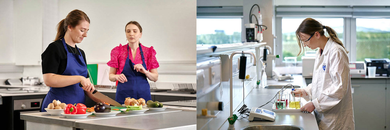 Two images. First is two females chatting whilst ones cuts up vegetables. Second, female in a lab