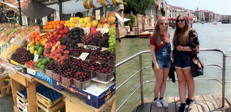 A collage of two photos, on the left a fruit stand in a market filled with lots of fresh fruit; on the right two people pose for a photograph in front of a canal.